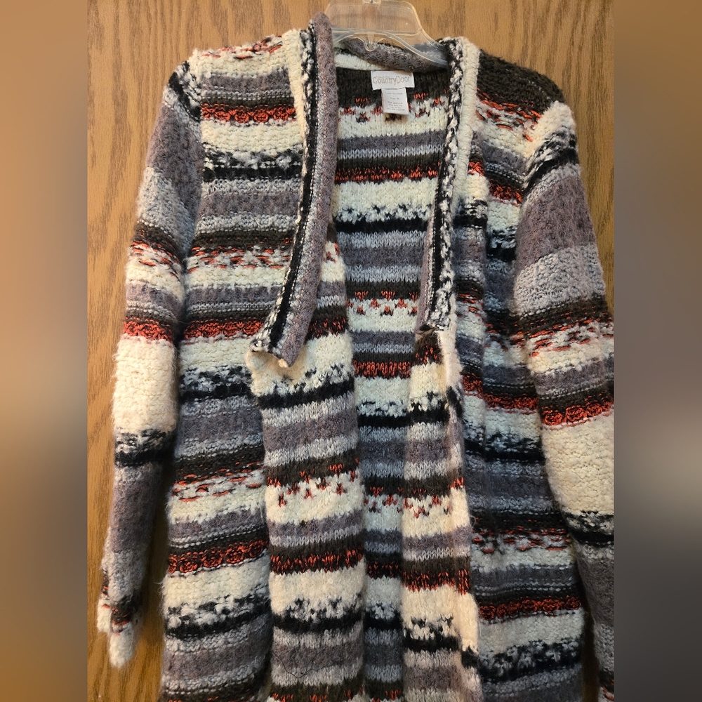 Beautiful black, white, gray and red stripe cardigan/jacket. Great quality.